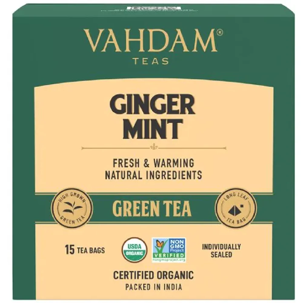 Vahdam  Organic Ginger Mint Green Tea Bags - Antioxidant Rich & Relaxing Detox Tea Vahdam  Organic Ginger Mint Green Tea Bags - Antioxidant Rich & Relaxing Detox Tea--30 g (15 Pyramid Bags x 2 g each)