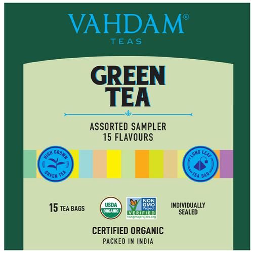 Vahdam  Organic Green Tea Sampler Pack - Top Selling Green Teas For Weight Loss Vahdam  Organic Green Tea Sampler Pack - Top Selling Green Teas For Weight Loss-Pack Size-20g(10 Bag x 2g Each)