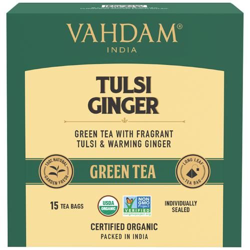 Vahdam  Organic Tulsi Ginger Green Tea Bags - Pure Detox & Digestive Health Drink Vahdam  Organic Tulsi Ginger Green Tea Bags - Pure Detox & Digestive Health Drink--30 g (15 Pyramid Bags x 2 g each)