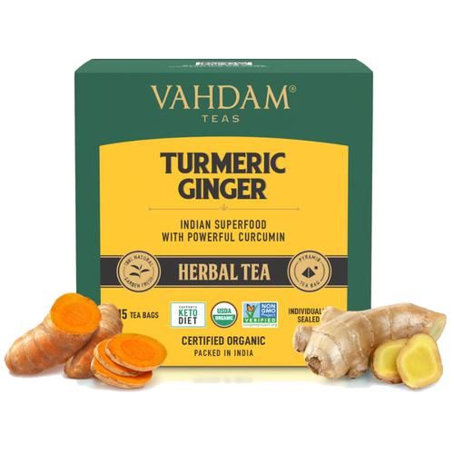 Vahdam  Organic Turmeric Ginger Herbal Tea Bags - Unique Flavour Vahdam  Organic Turmeric Ginger Herbal Tea Bags - Unique Flavour--30 g (15 Pyramid Bags x 2 g each)