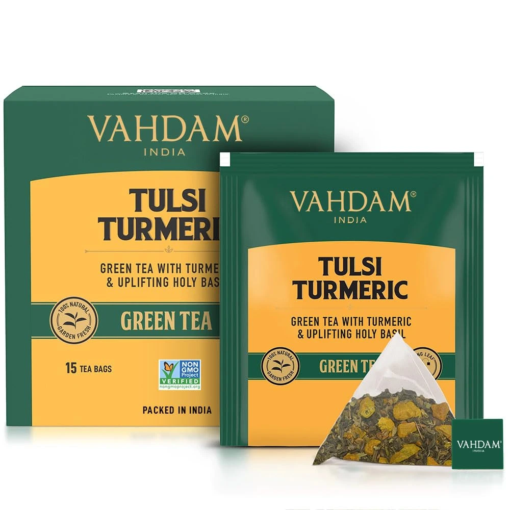 Vahdam  Organic Tulsi & Turmeric Green Tea Bags - Immunity Booster - Image 7