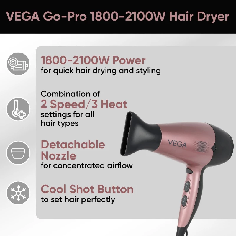 Vega Go Pro 2100 Watts Professional Hair Dryer with Detachable Nozzle - Image 2