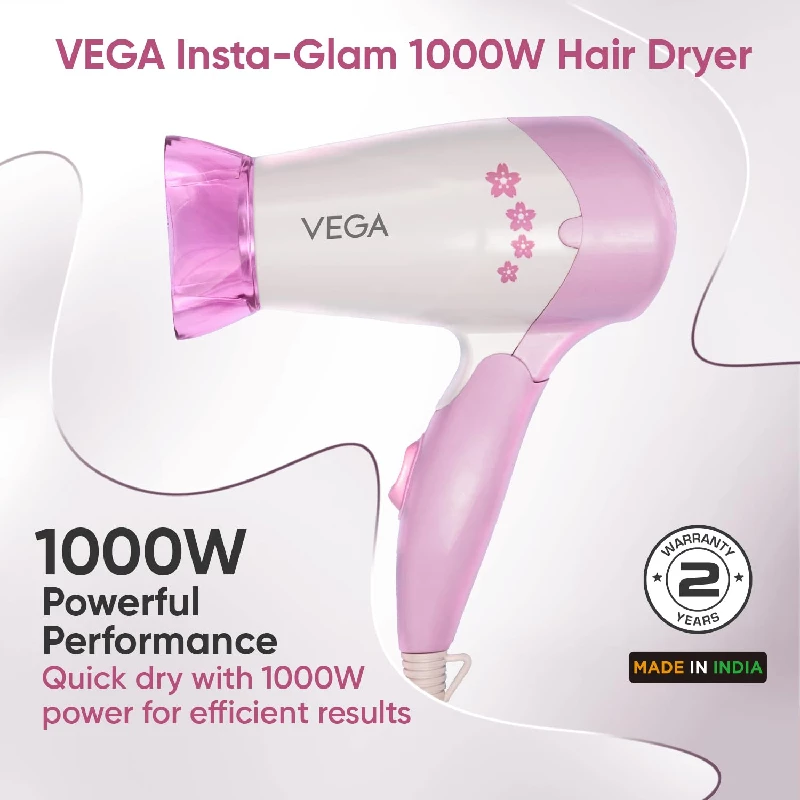 Vega Insta Glam Foldable 1000 Watts Hair Dryer-Pink & White - Image 2