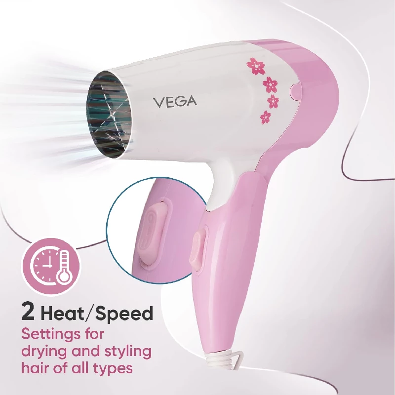 Vega Insta Glam Foldable 1000 Watts Hair Dryer-Pink & White - Image 3