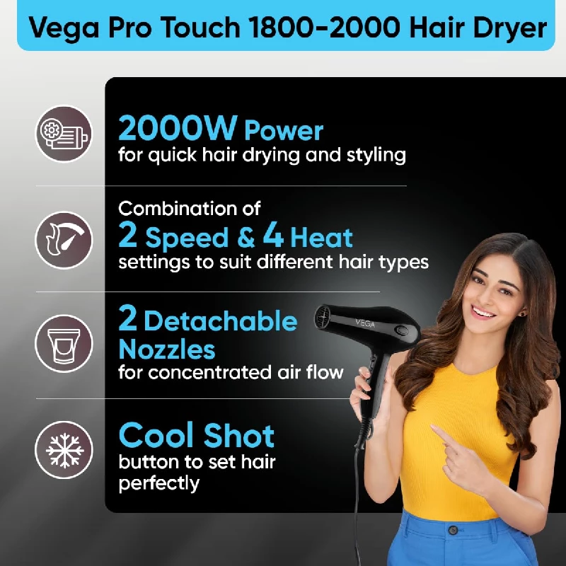 Vega Professional 2000 Watt Hair Dryer & 2 Detachable Nozzles-Black - Image 3