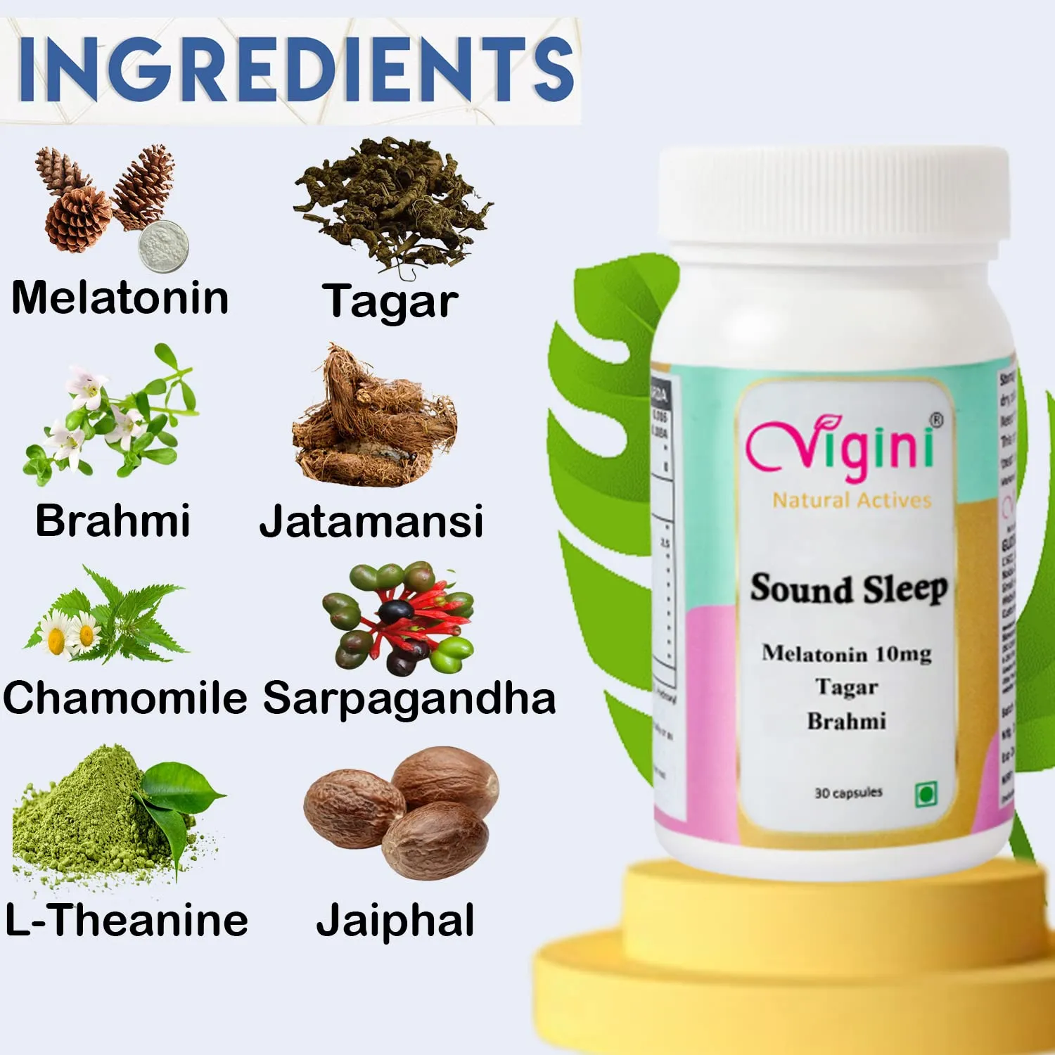 Vigini Natural Active Sound Sleep Capsules with Melatonin Tagar Brahmi - Image 3