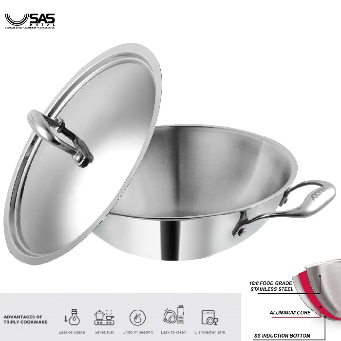 Vinod Platinum Triply Stainless Steel Kadai with Stainless Steel Lid 2.5 litres Capacity - Image 2
