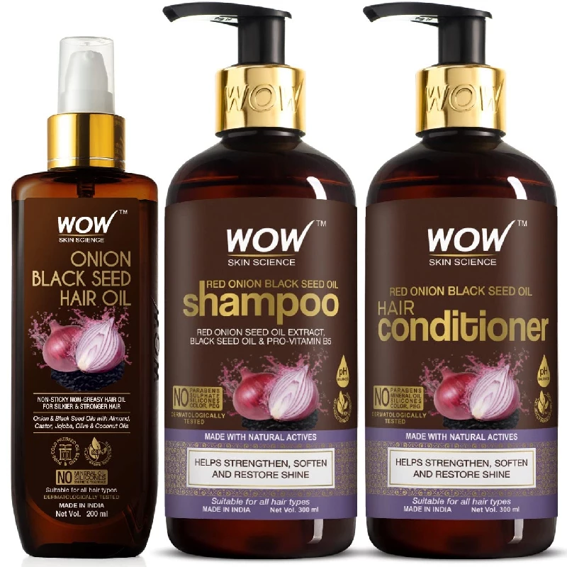 WOW Skin Science Ultimate Onion Oil Hair Care Kit for Hair Fall Control (Shampoo, Conditioner & Onion Hair Oil) WOW Skin Science Ultimate Onion Oil Hair Care Kit for Hair Fall Control (Shampoo, Conditioner & Onion Hair Oil)-Pack Size-Combo of 3