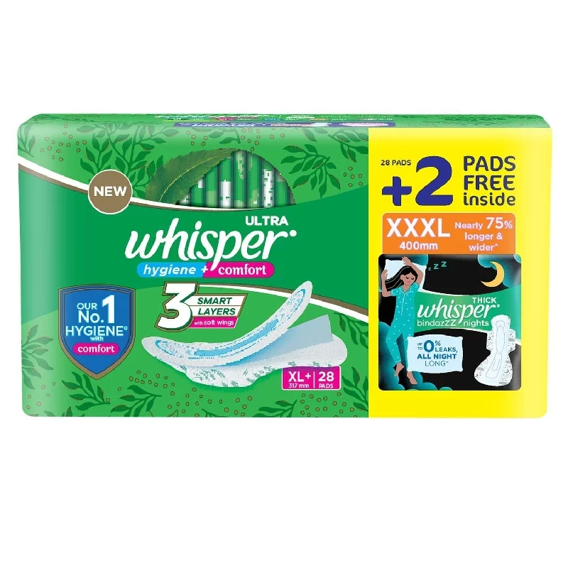 Whisper Ultra Clean XL+ Sanitary Pads Whisper Ultra Clean XL+ Sanitary Pads-Pack Size-30 Pads