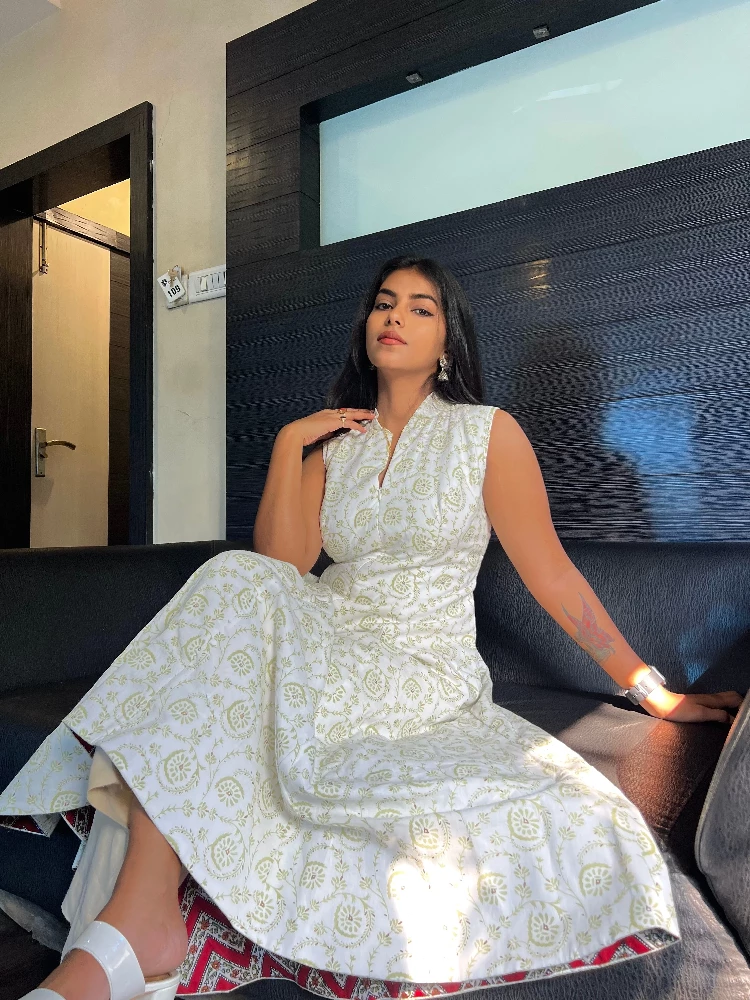 White Chelsea Sanganeri Hand Print Dress - Image 2