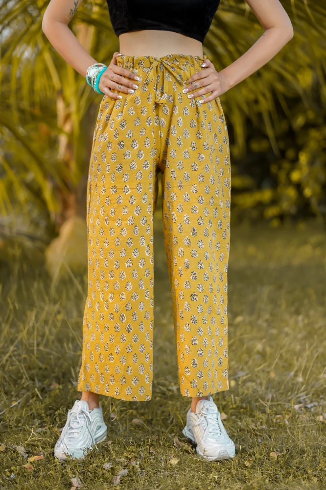 Yellow Adjustable Cotton Parallel Pants with White-Red Bagru Hand Block Print - Image 2