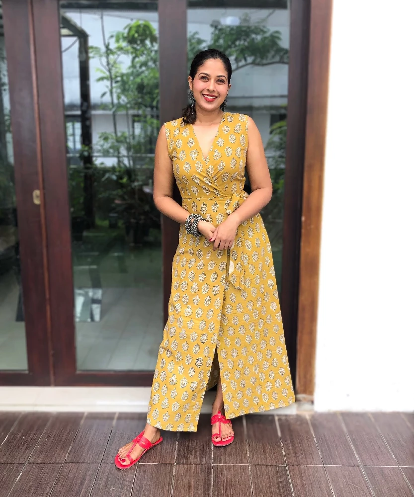 Yellow Cotton Dress with Baghru Hand-Block Print - Image 3