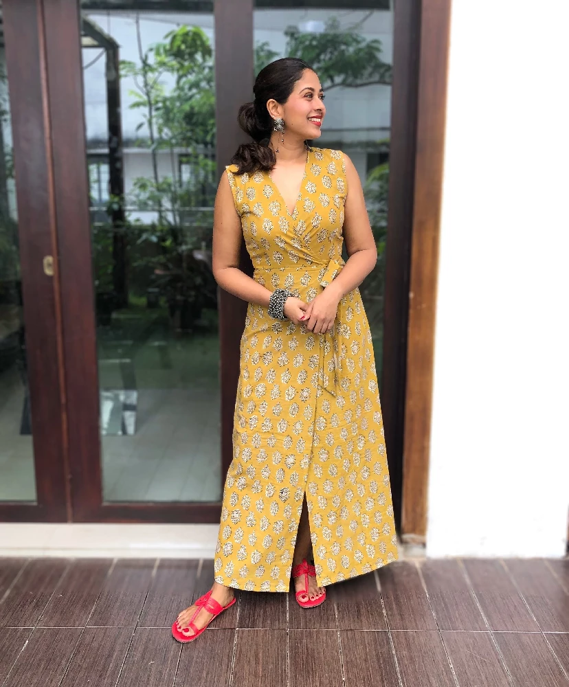 Yellow Cotton Dress with Baghru Hand-Block Print - Image 4