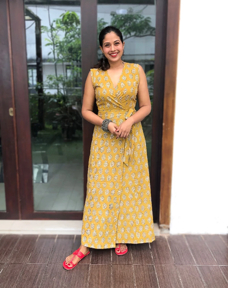 Yellow Cotton Dress with Baghru Hand-Block Print - Image 5