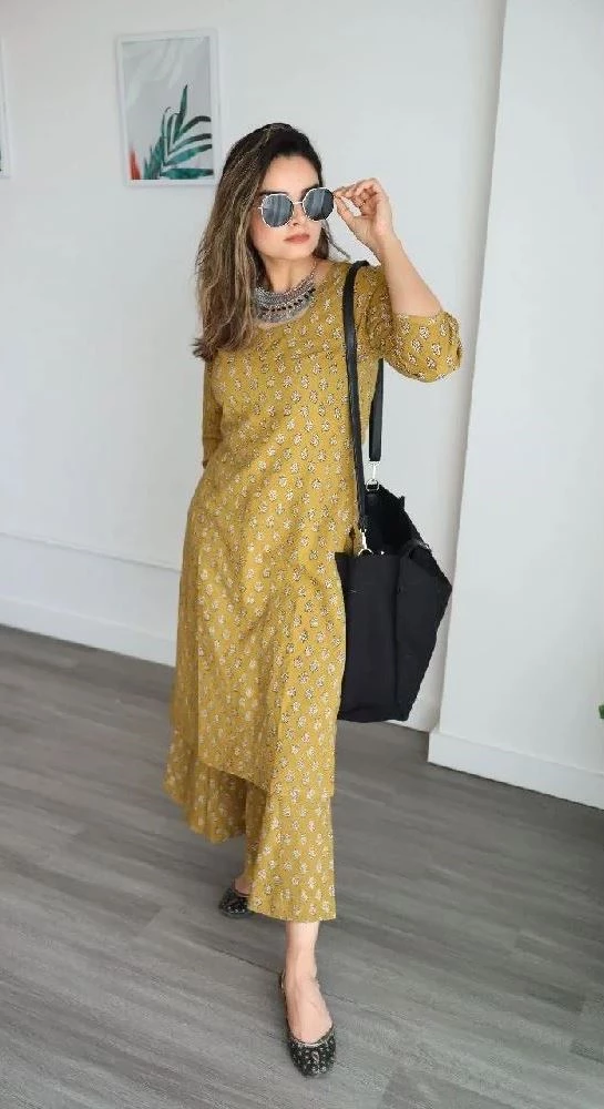 Yellow Cotton Palazzo with Bagru Hand-Block Print - Image 1