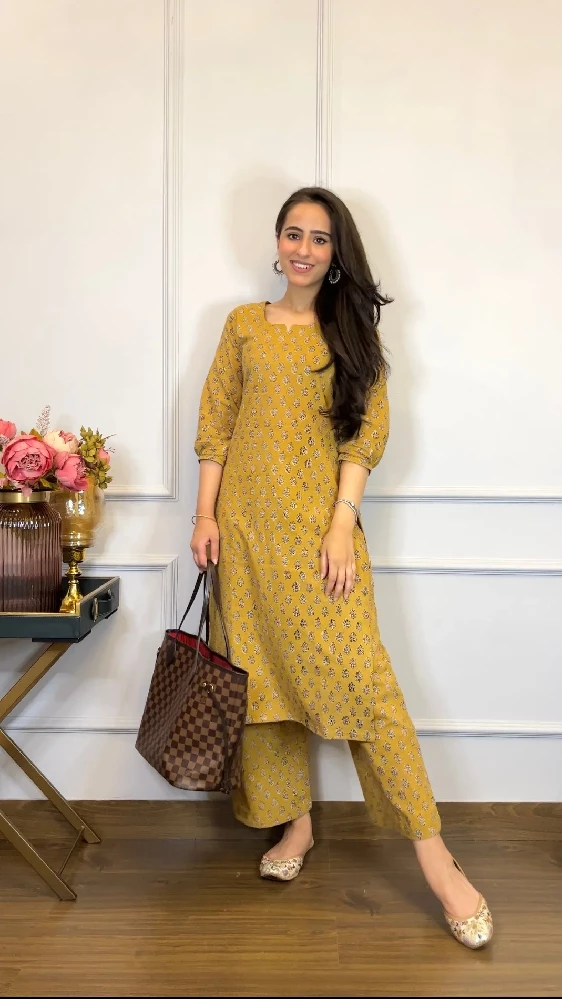 Yellow Cotton Palazzo with Bagru Hand-Block Print - Image 2