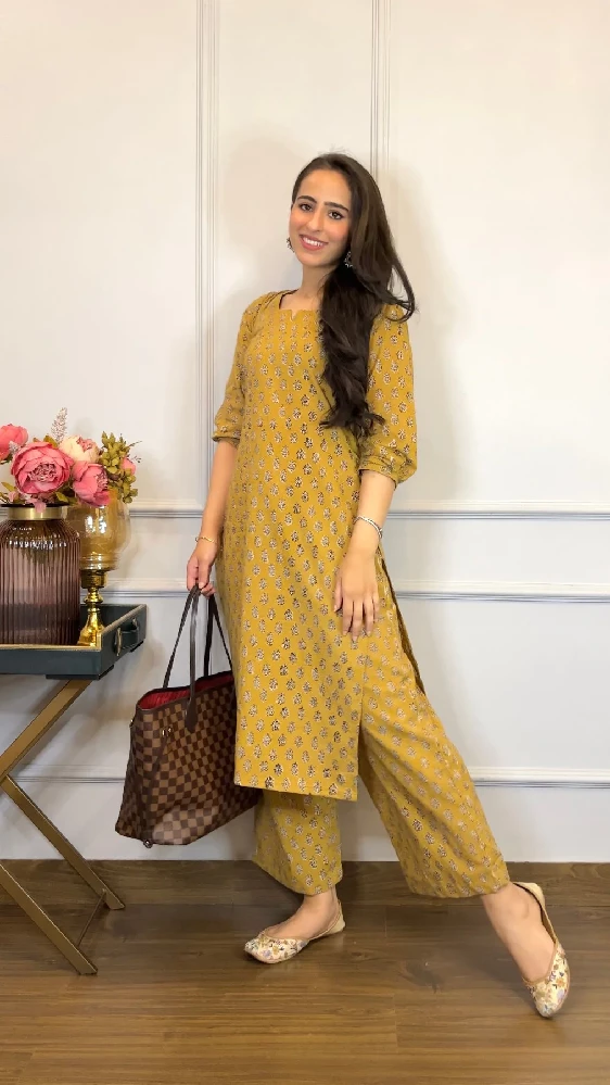 Yellow Kurta Set with Bagru Hand Block-Print - Image 4