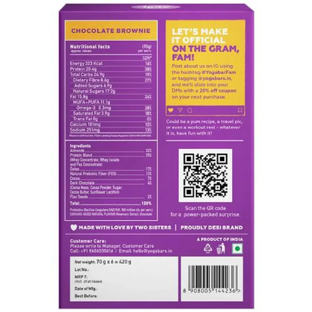 Yoga Bar 20g Protein Bar - Chocolate Brownie, No Added Sugar, Loaded With Fibre, 70 g (Pack of 6) - Image 2