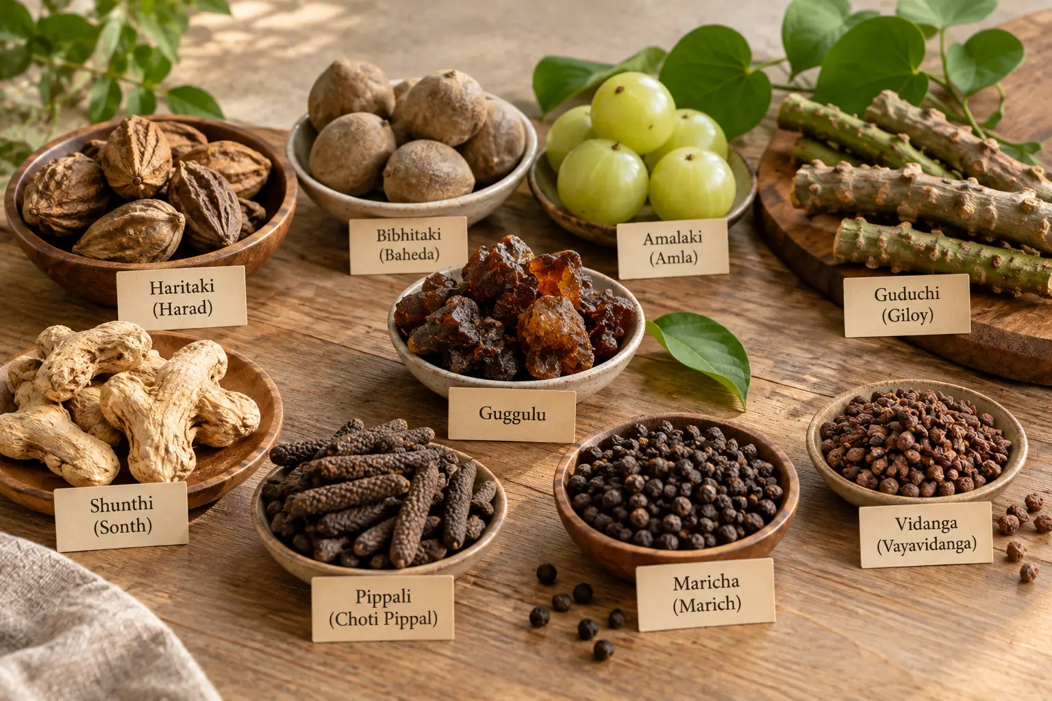Traditional herbal ingredients of Kaishore Guggulu including purified guggulu resin, triphala, trikatu spices, guduchi stems, and vidanga