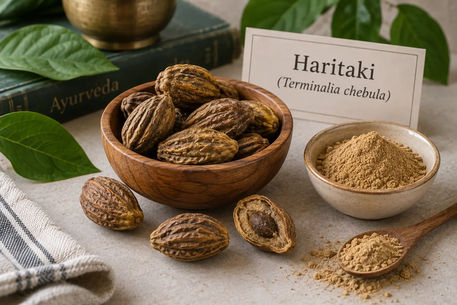 Whole dried Haritaki fruit in a wooden bowl with fine Haritaki churna powder and an Ayurvedic book