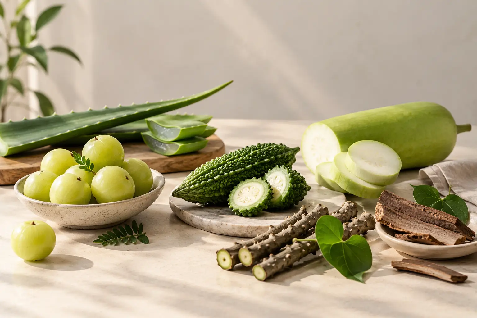 Patanjali herbal juice ingredients, including amla, aloe vera, karela, and lauki