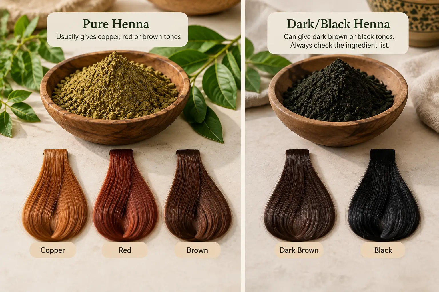 Comparison of pure henna and dark or black henna, showing copper, red, and brown shades versus dark brown and black
