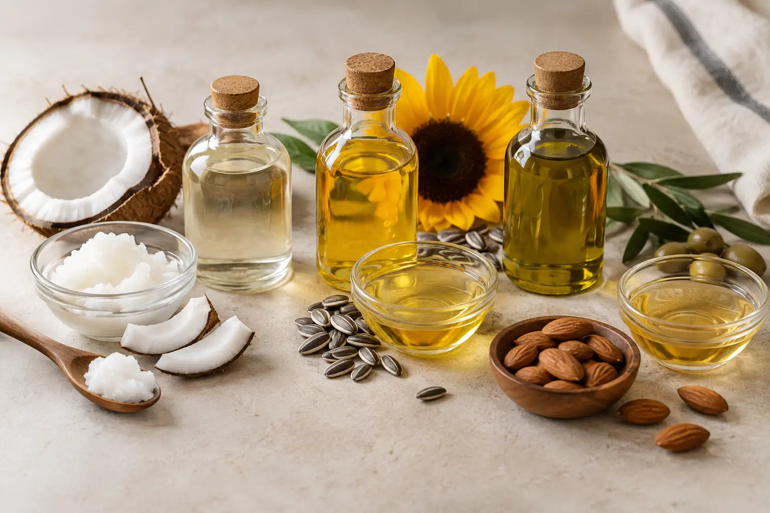 Coconut, sunflower, olive, and almond oils arranged with their natural ingredients