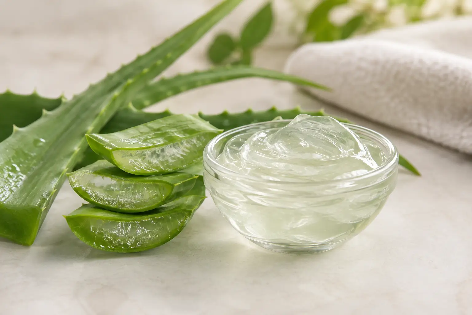 Fresh soothing aloe vera gel in a clear glass bowl with sliced aloe vera leaves on a marble table