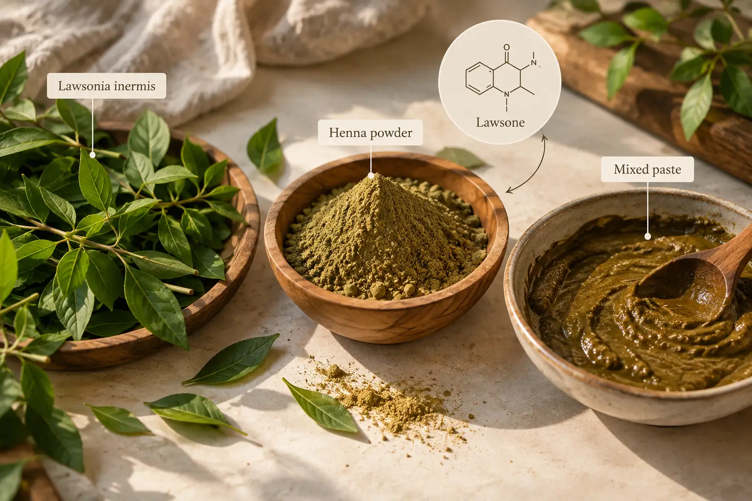 Henna leaves, henna powder, and mixed henna paste showing the hair-coloring process