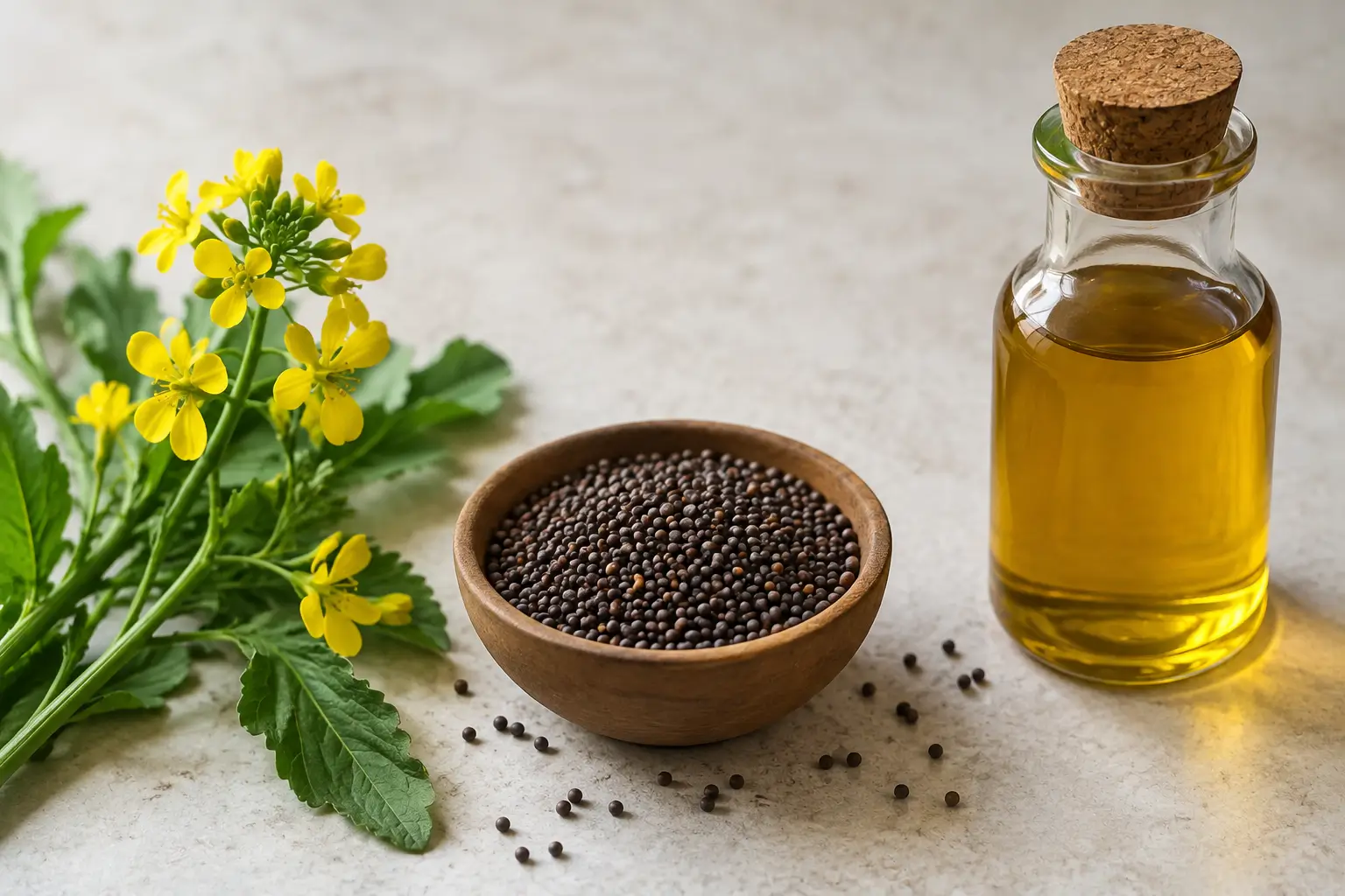 Black mustard seeds in a wooden bowl next to a bottle of pure mustard oil and fresh yellow mustard flowers