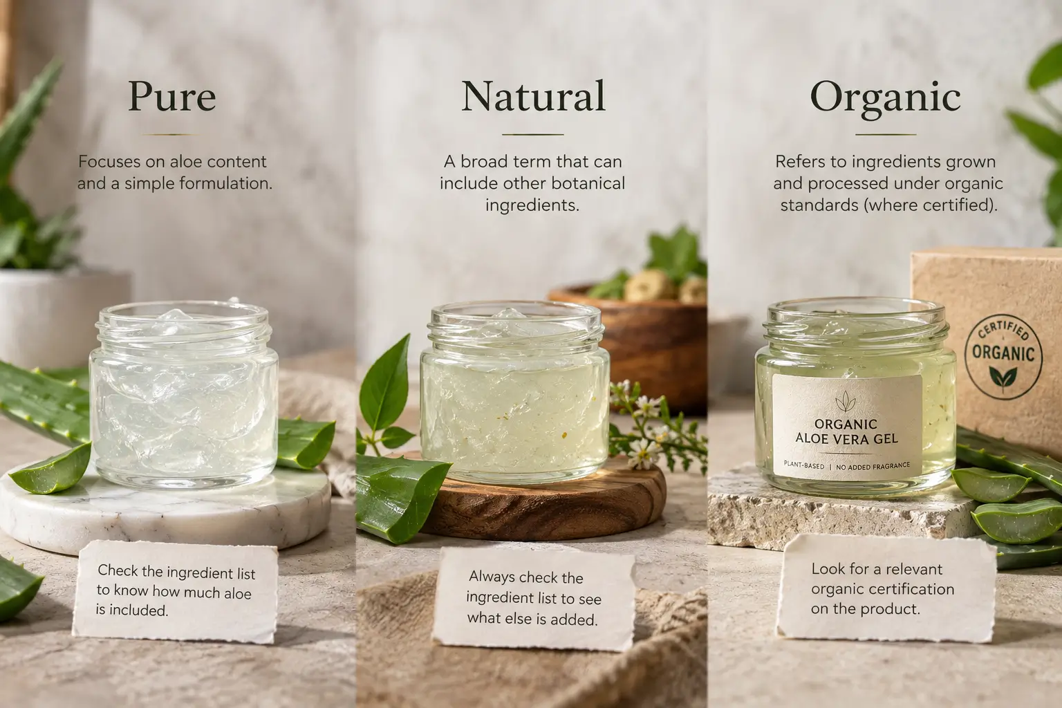 Comparison guide showing three glass jars representing pure, natural, and certified organic aloe vera gel