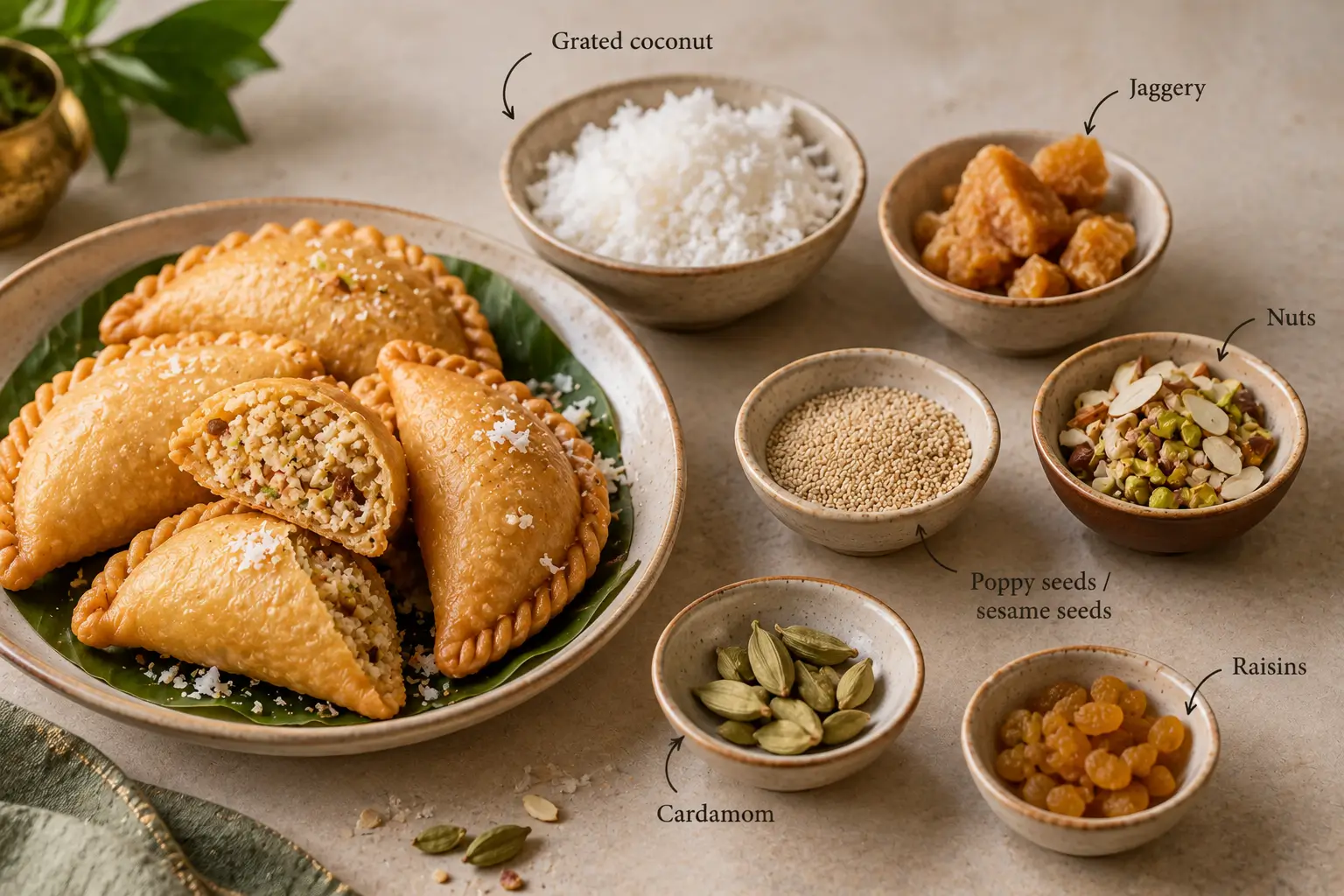 Karanji with traditional coconut, jaggery, nuts, cardamom, seeds, and raisin filling ingredients