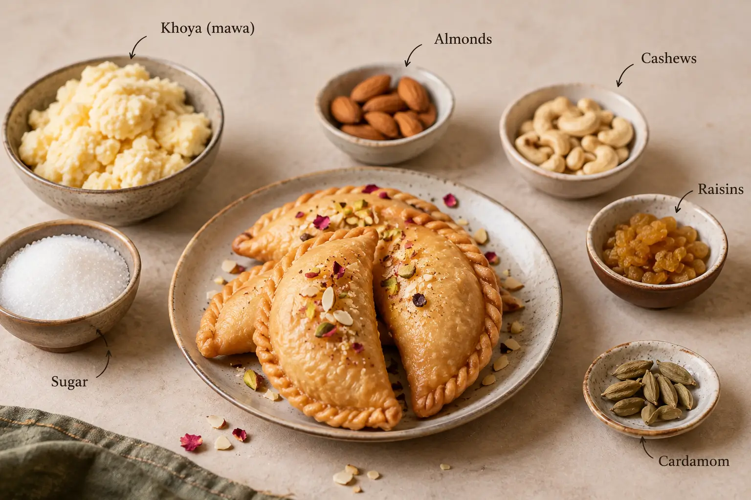 Gujiya with traditional filling ingredients, including khoya, almonds, cashews, raisins and cardamom