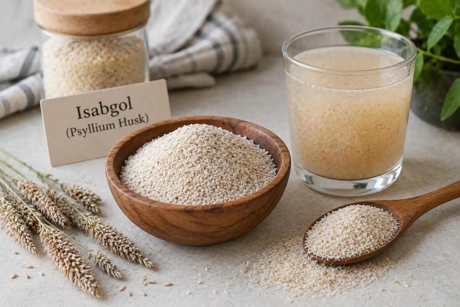 Natural Isabgol psyllium husk in a wooden bowl served with a glass of psyllium fiber drink