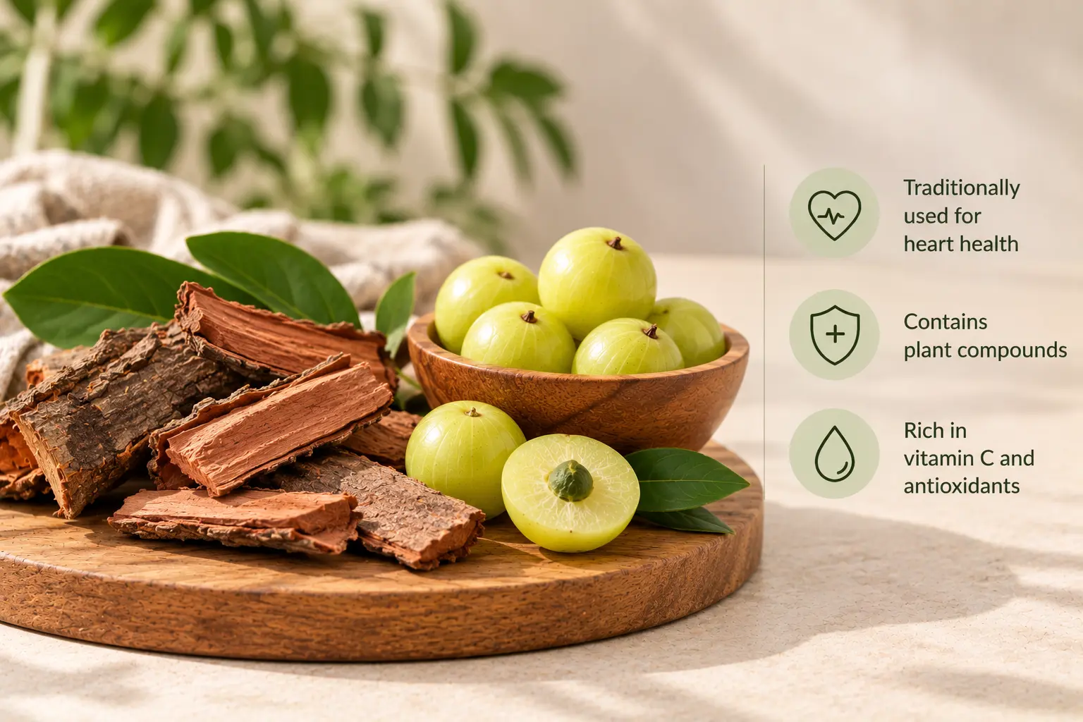 Arjun and Amla benefits, including heart health, vitamin C, and antioxidants