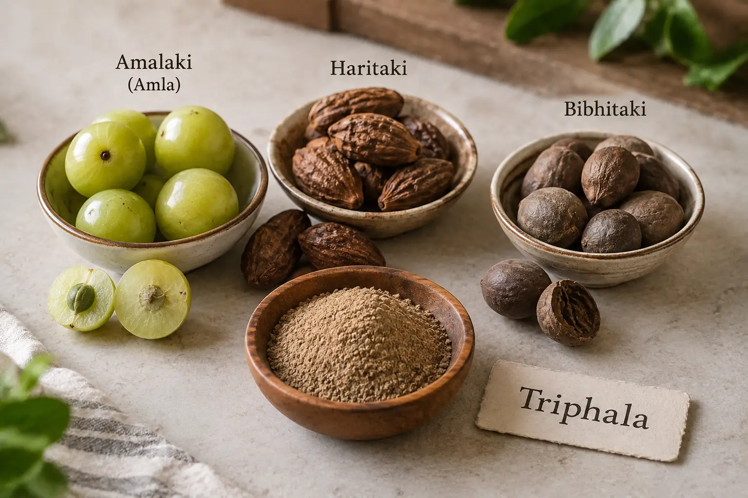 Triphala powder in a wooden bowl with its three herbal ingredients: fresh amla, dried haritaki, and bibhitaki
