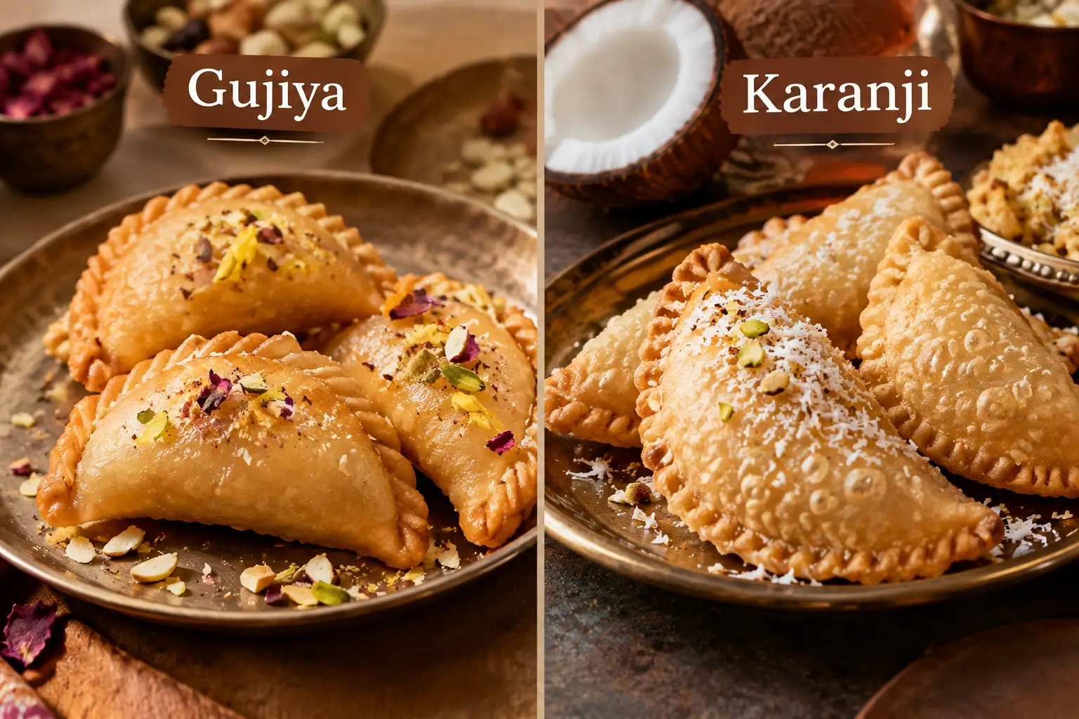 Gujiya and karanji shown side by side with their traditional fillings