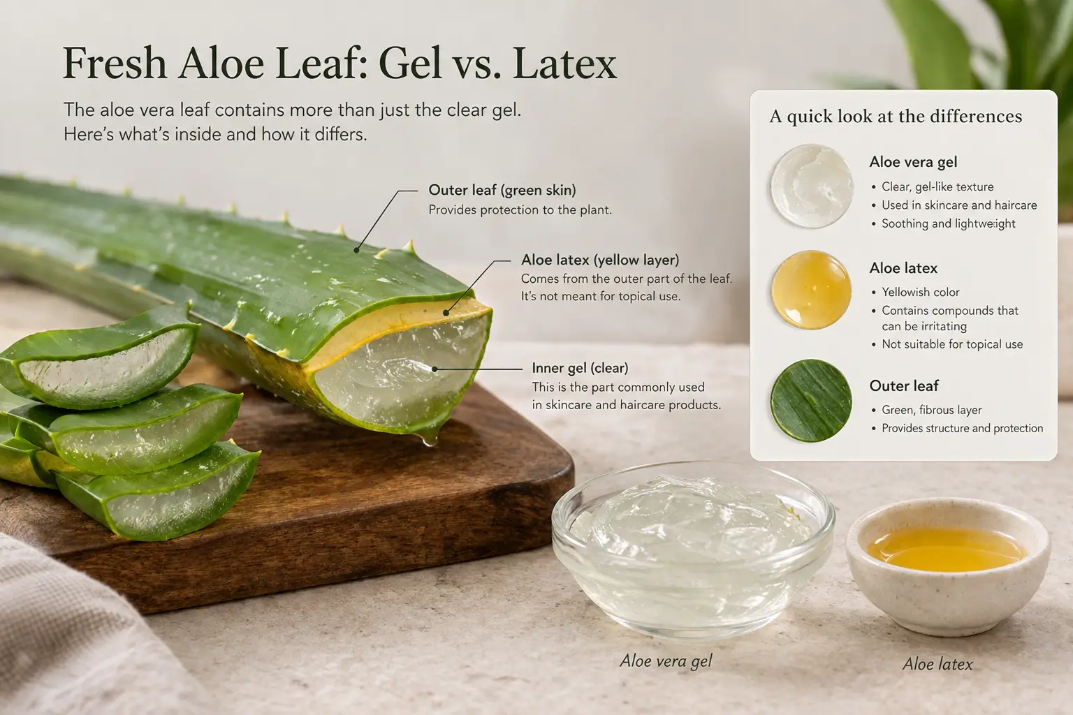 Infographic explaining the difference between clear aloe vera gel and yellow aloe latex inside a cut aloe leaf