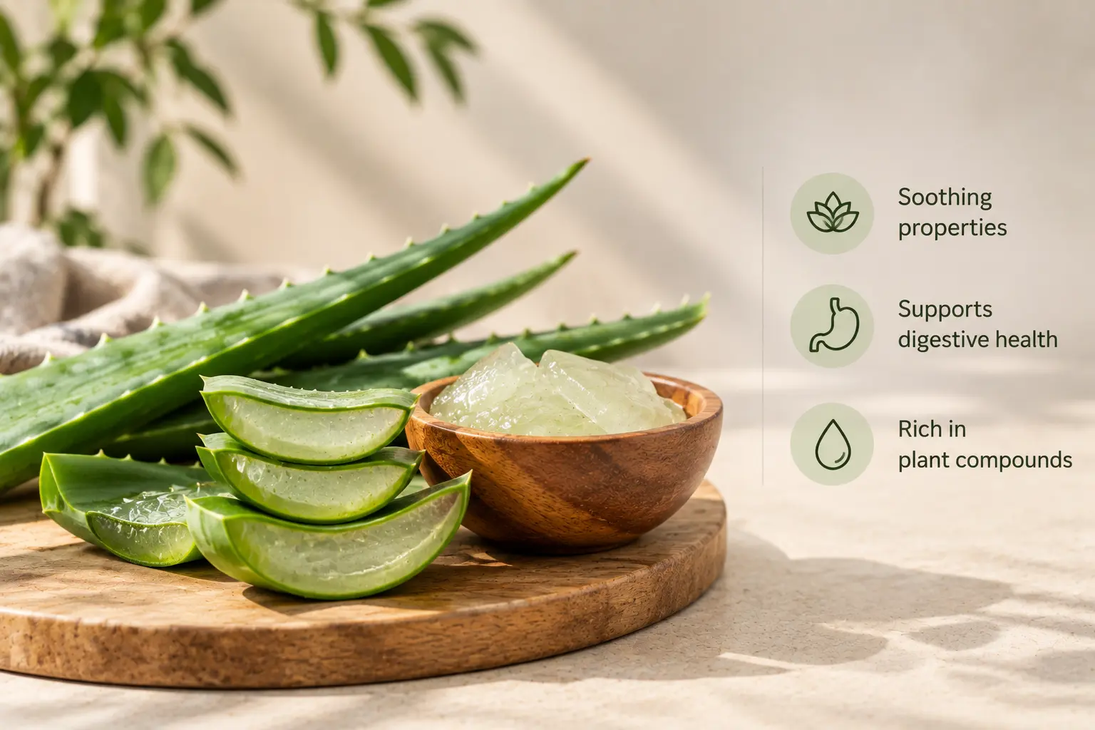 Aloe vera benefits, including soothing properties, digestive support, and plant compounds