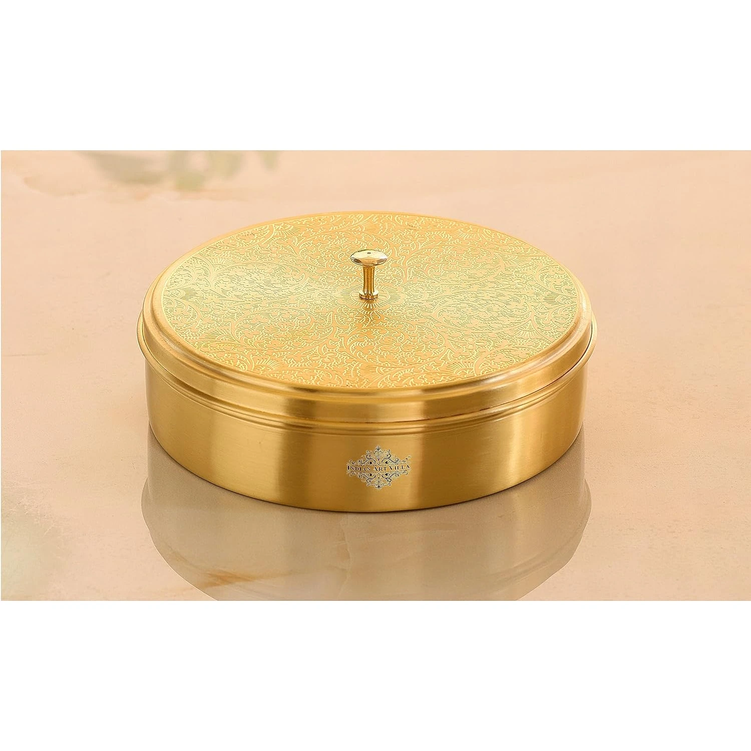 INDIAN ART VILLA  7.2" Brass Handmade Masala Box Dabba Spice Container With Embossed Lid 7 Compartments  INDIAN ART VILLA  7.2" Brass Handmade Masala Box Dabba Spice Container With Embossed Lid 7 Compartments -Pack Size-1 set