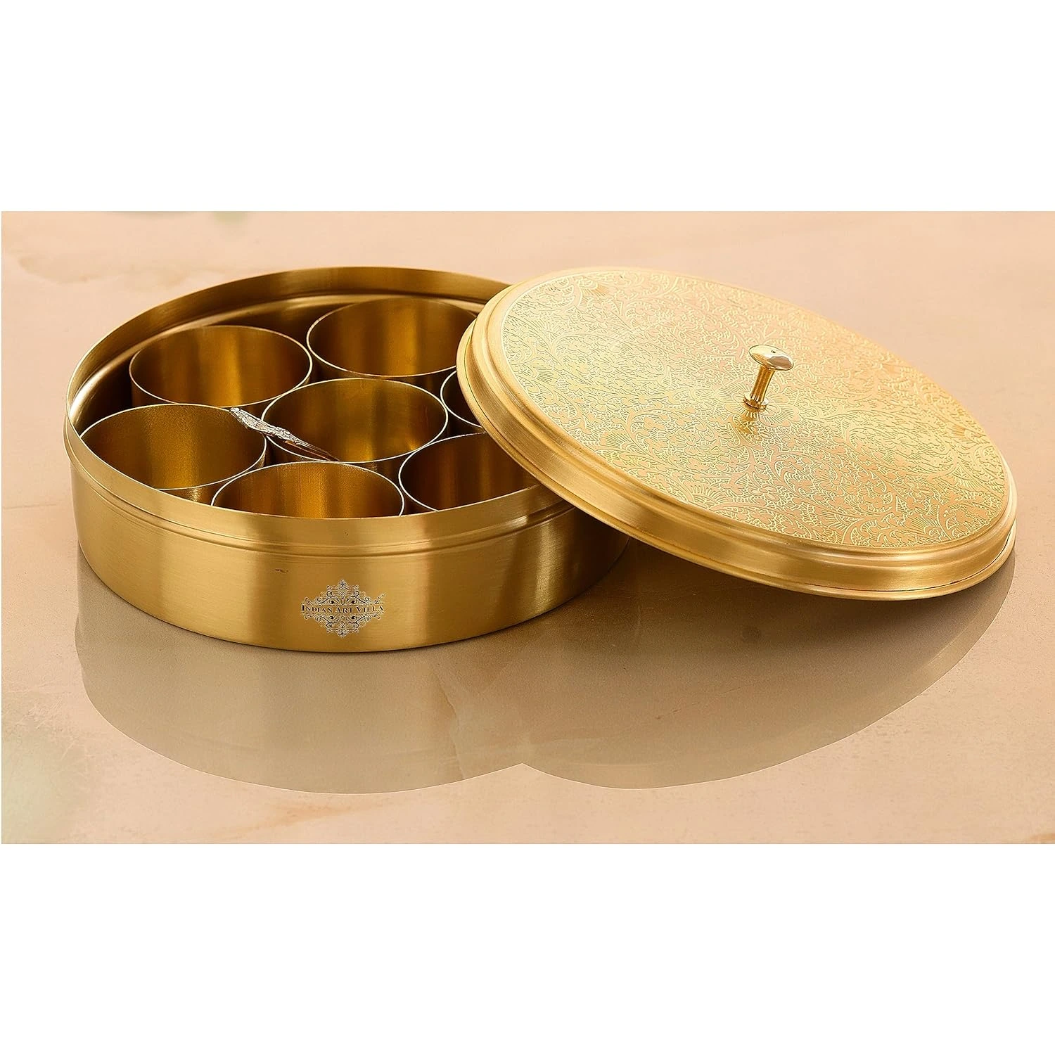 INDIAN ART VILLA  7.2" Brass Handmade Masala Box Dabba Spice Container With Embossed Lid 7 Compartments  - Image 2