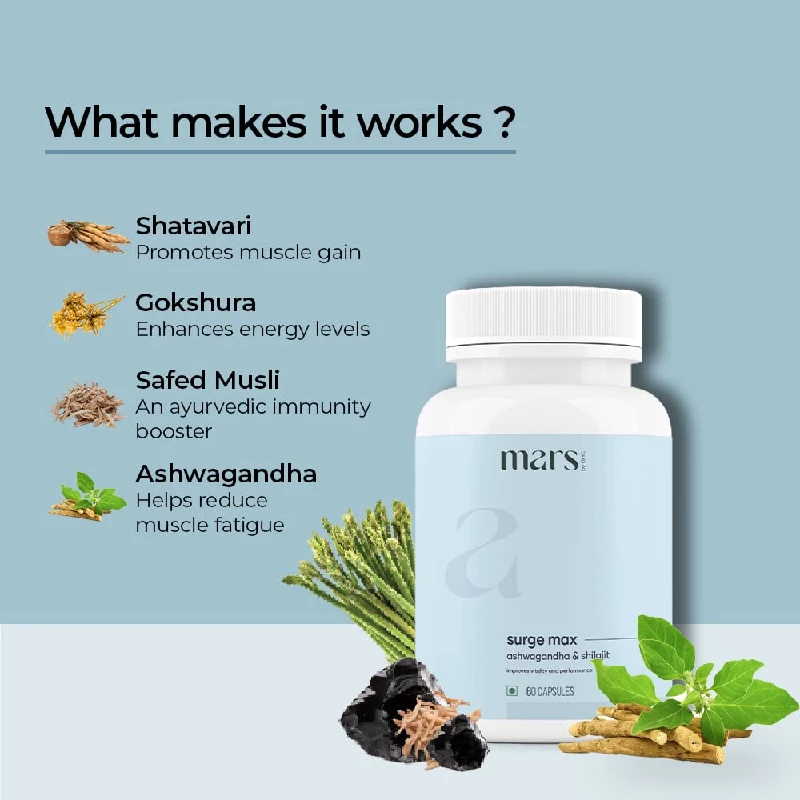 Mars Surge Max SJ Ashwagandha, Gokshura, Safed Musli Anxiety Relief Capsules - Image 3