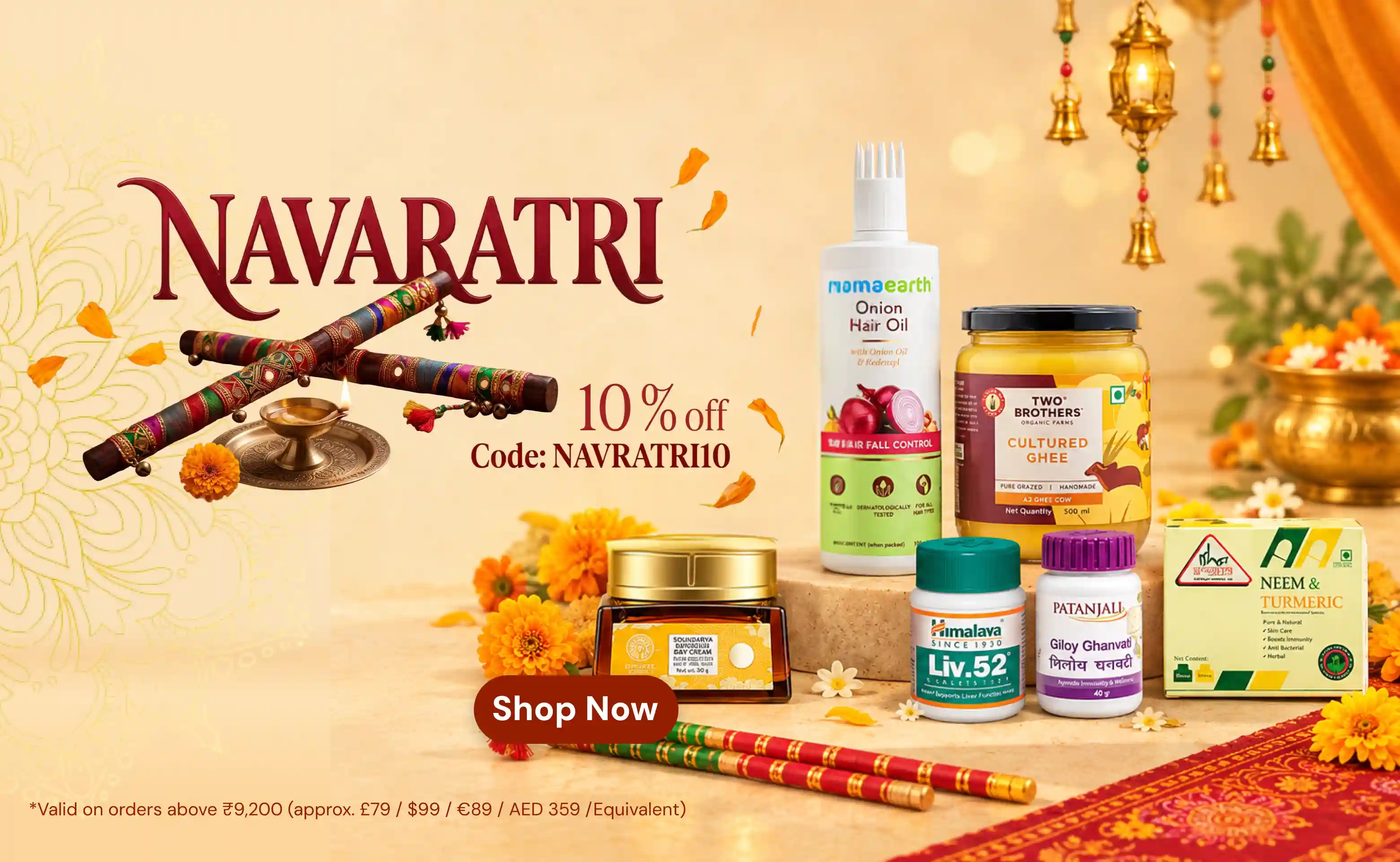 Navaratri sale banner offering 10% off Indian wellness and beauty products with code NAVRATRI10.