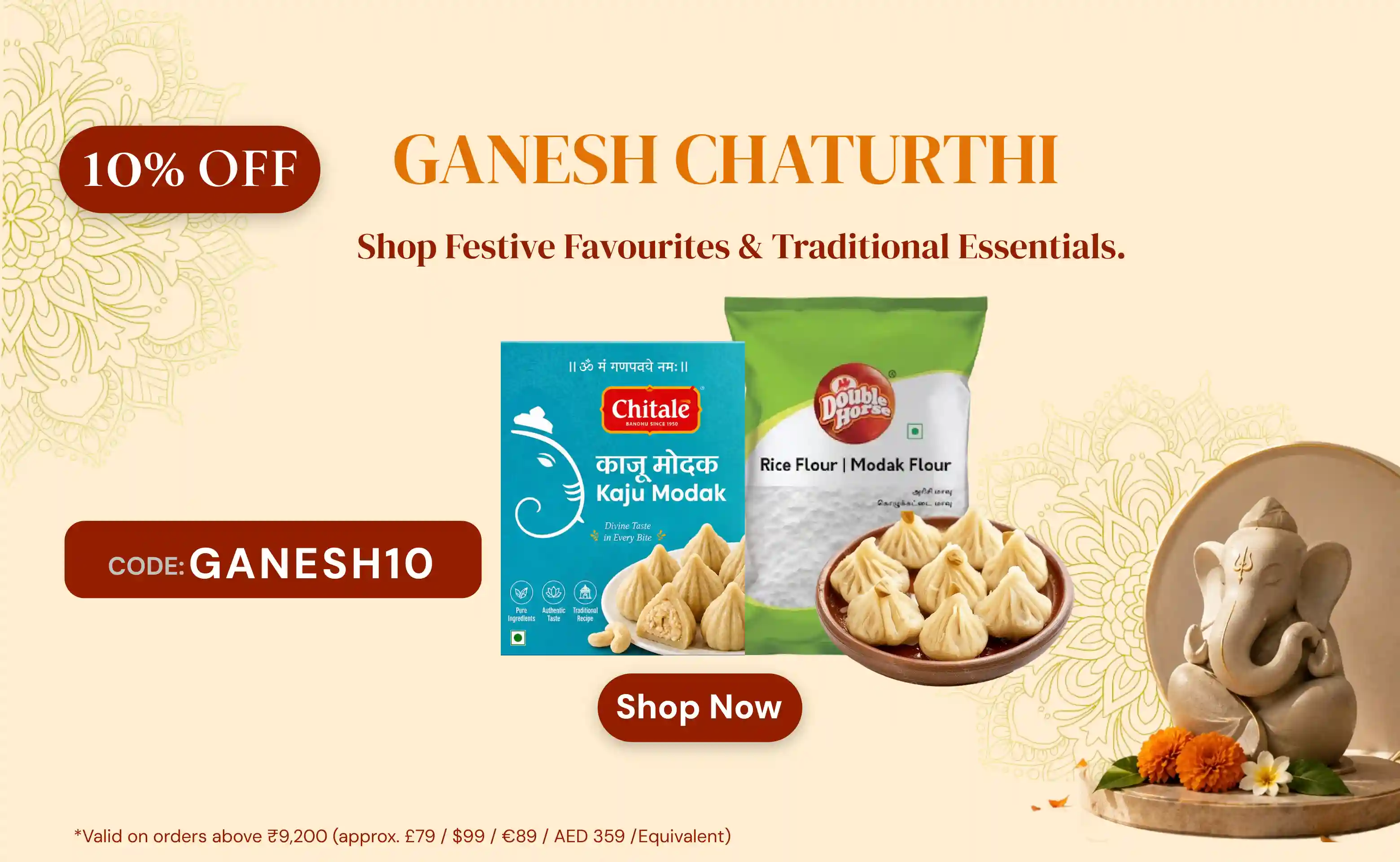 Festive Ganesh Chaturthi banner with a 10% off code GANESH10, showing Modak boxes and a Ganesha idol.