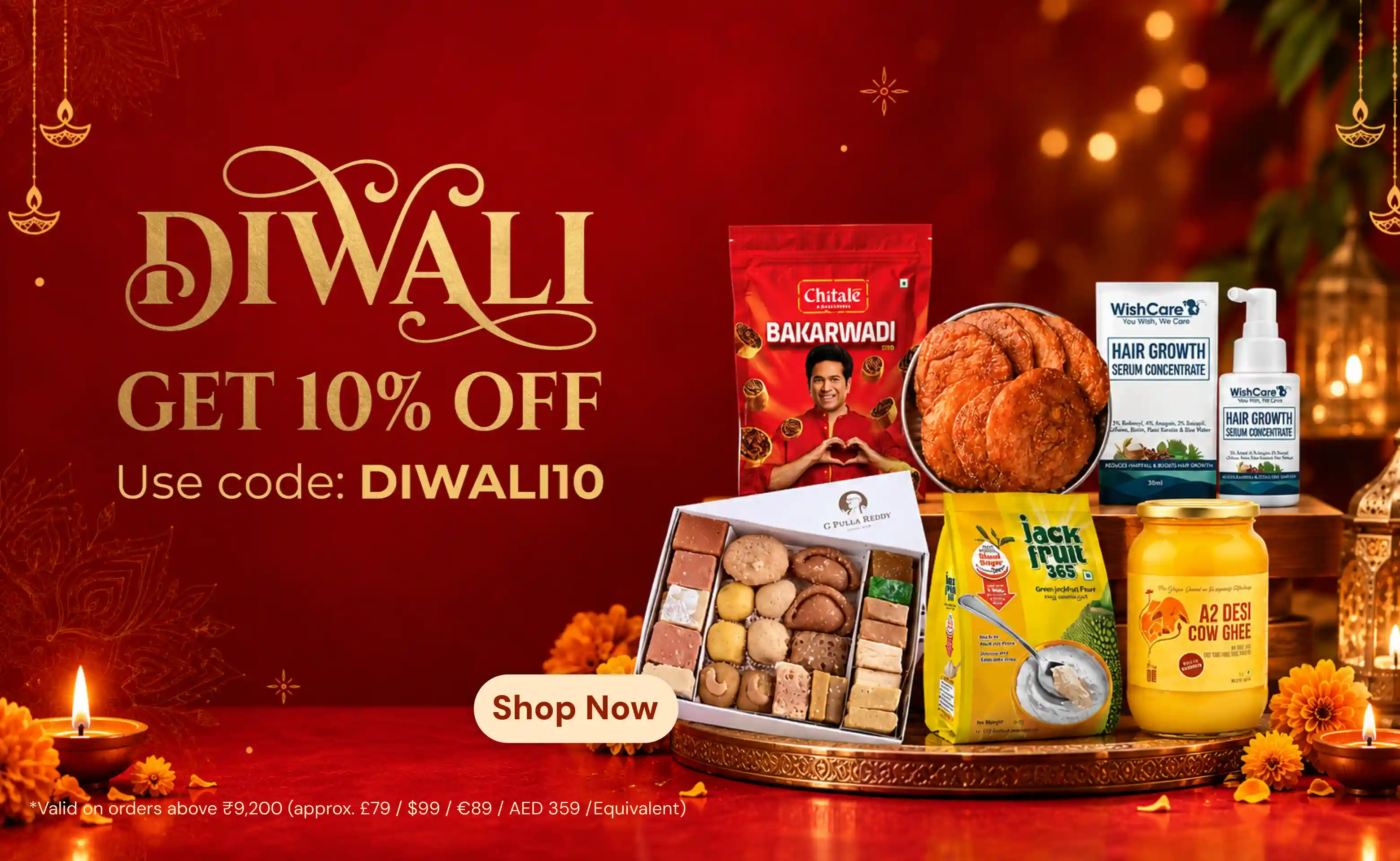 Red Diwali sale banner offering 10% off assorted festive foods and wellness products with code DIWALI10