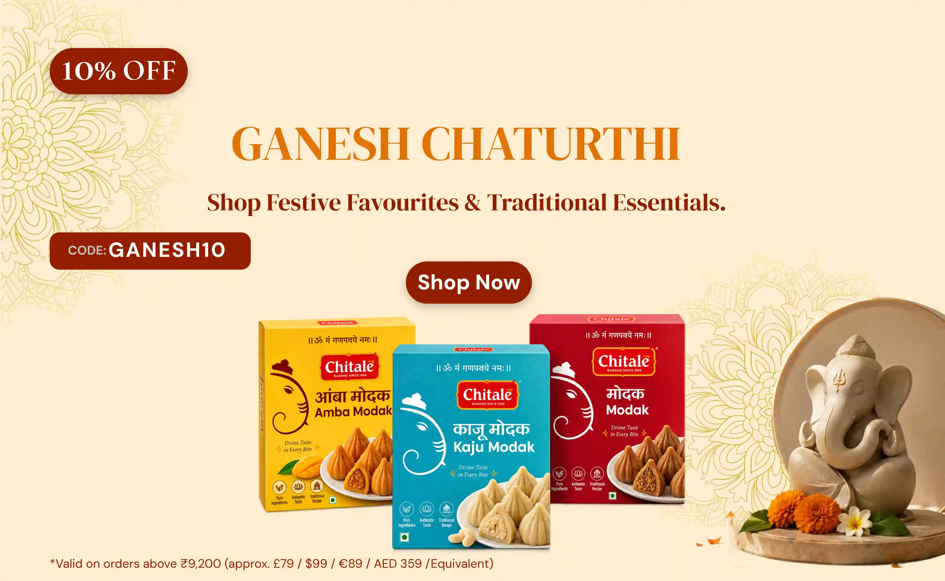Festive Ganesh Chaturthi banner with a 10% off code GANESH10, showing Modak boxes and a Ganesha idol.