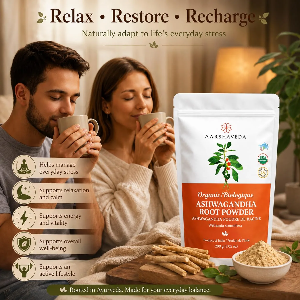 Aarshaveda Organic Ashwagandha Powder | Ayurvedic Adaptogen Root Supplement | Natural Stress Relief & Vitality Support-1