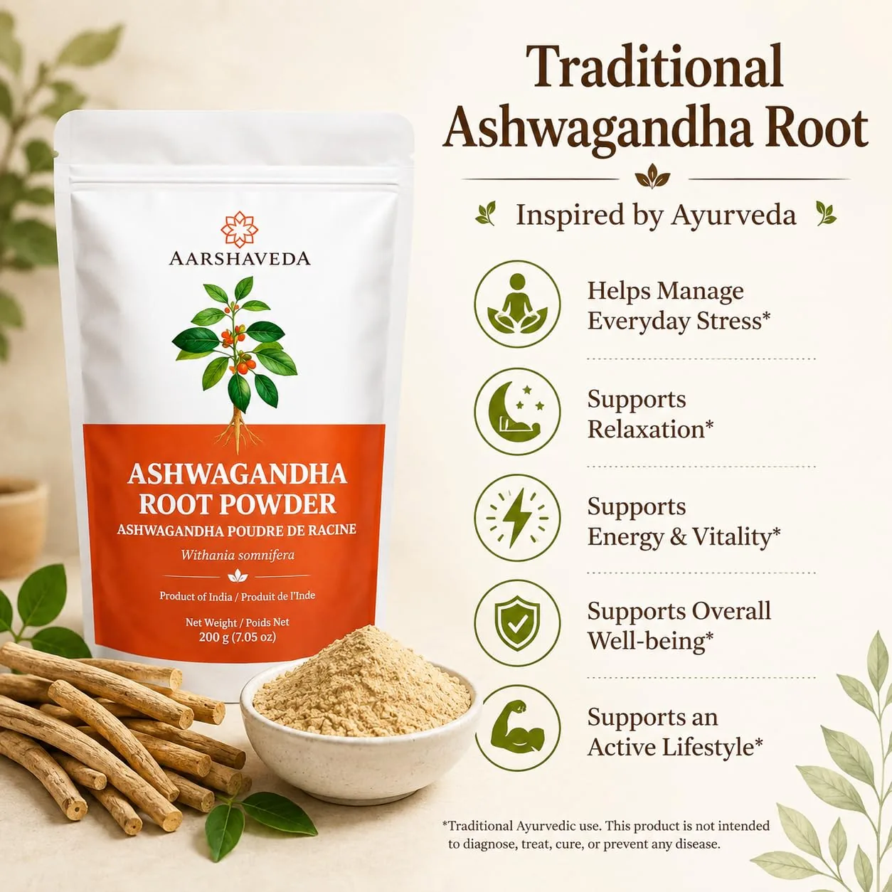 Aarshaveda Organic Ashwagandha Powder | Ayurvedic Adaptogen Root Supplement | Natural Stress Relief & Vitality Support-2