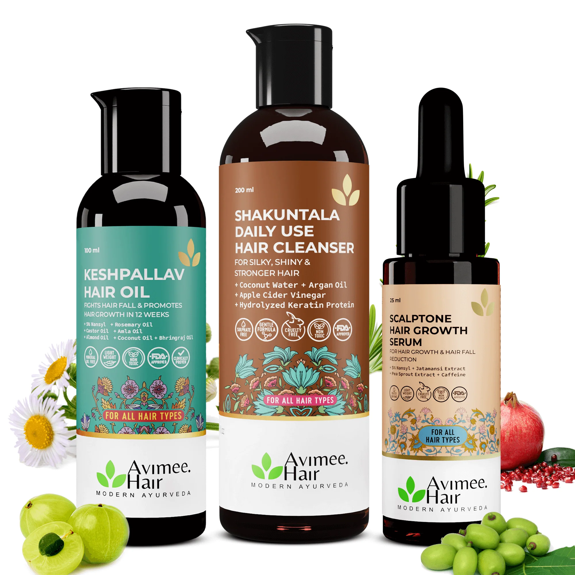 Avimee Herbal Hair Growth Kit | Complete 3-Step Ayurvedic Hair Care Routine | Keshpallav Oil, Shakuntala Cleanser & Scalptone Serum Avimee Herbal Hair Growth Kit | Complete 3-Step Ayurvedic Hair Care Routine | Keshpallav Oil, Shakuntala Cleanser & Scalptone Serum - 325 ml (combo of 3)