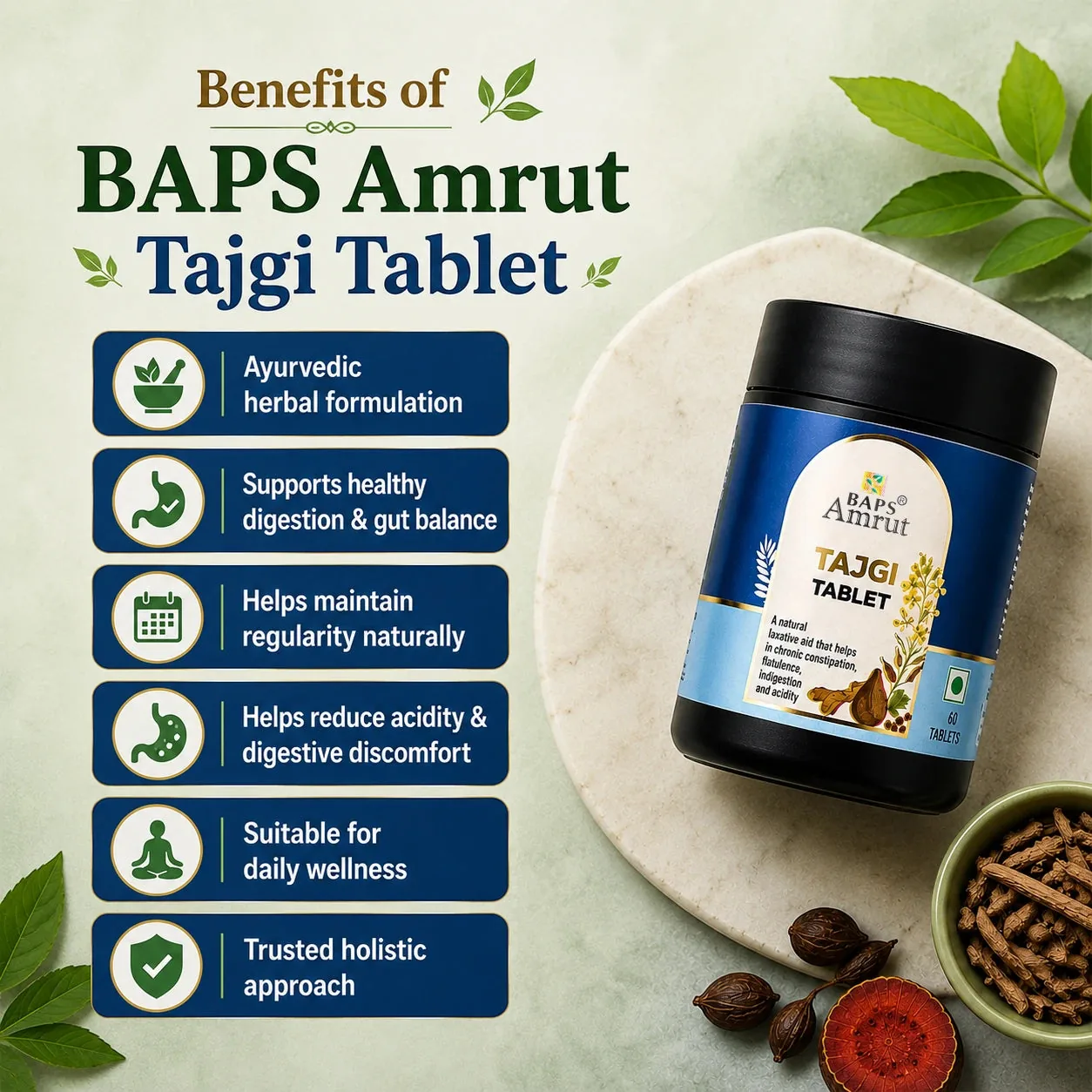 Baps Amrut Tajgi Tablets | Ayurvedic Digestive Aid | Constipation & Gas Relief-5